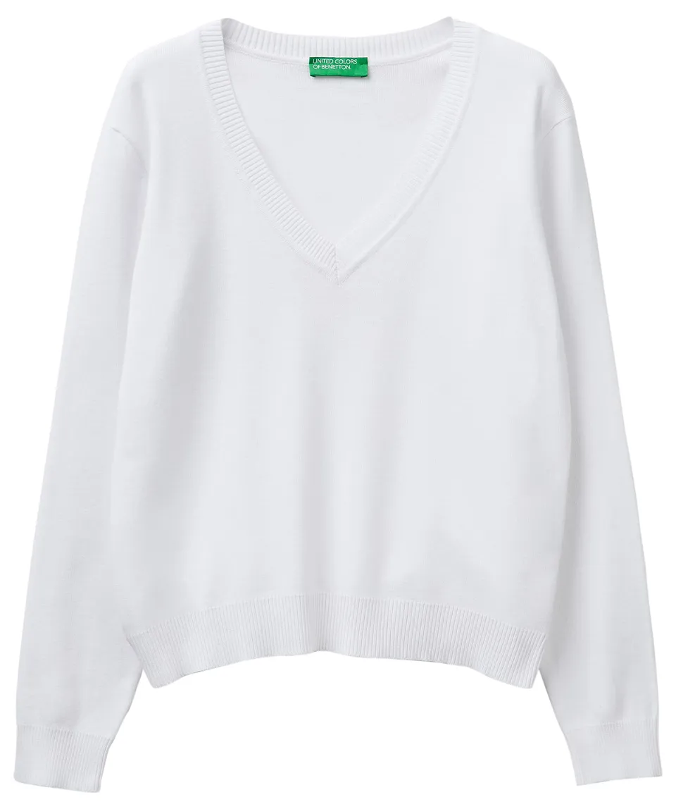 Benetton Maglieria 1C19D403N Maglione Scollo a V Bianco