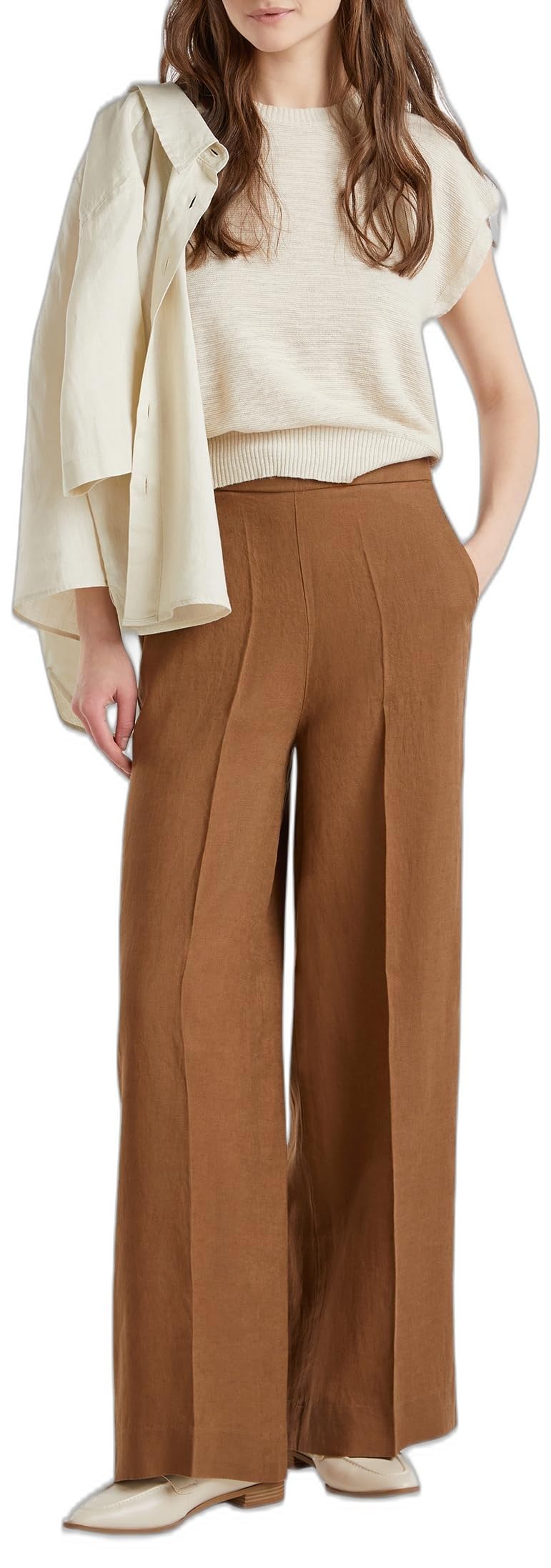 Benetton Pantaloni Donna Lino Palazzo Elastico
