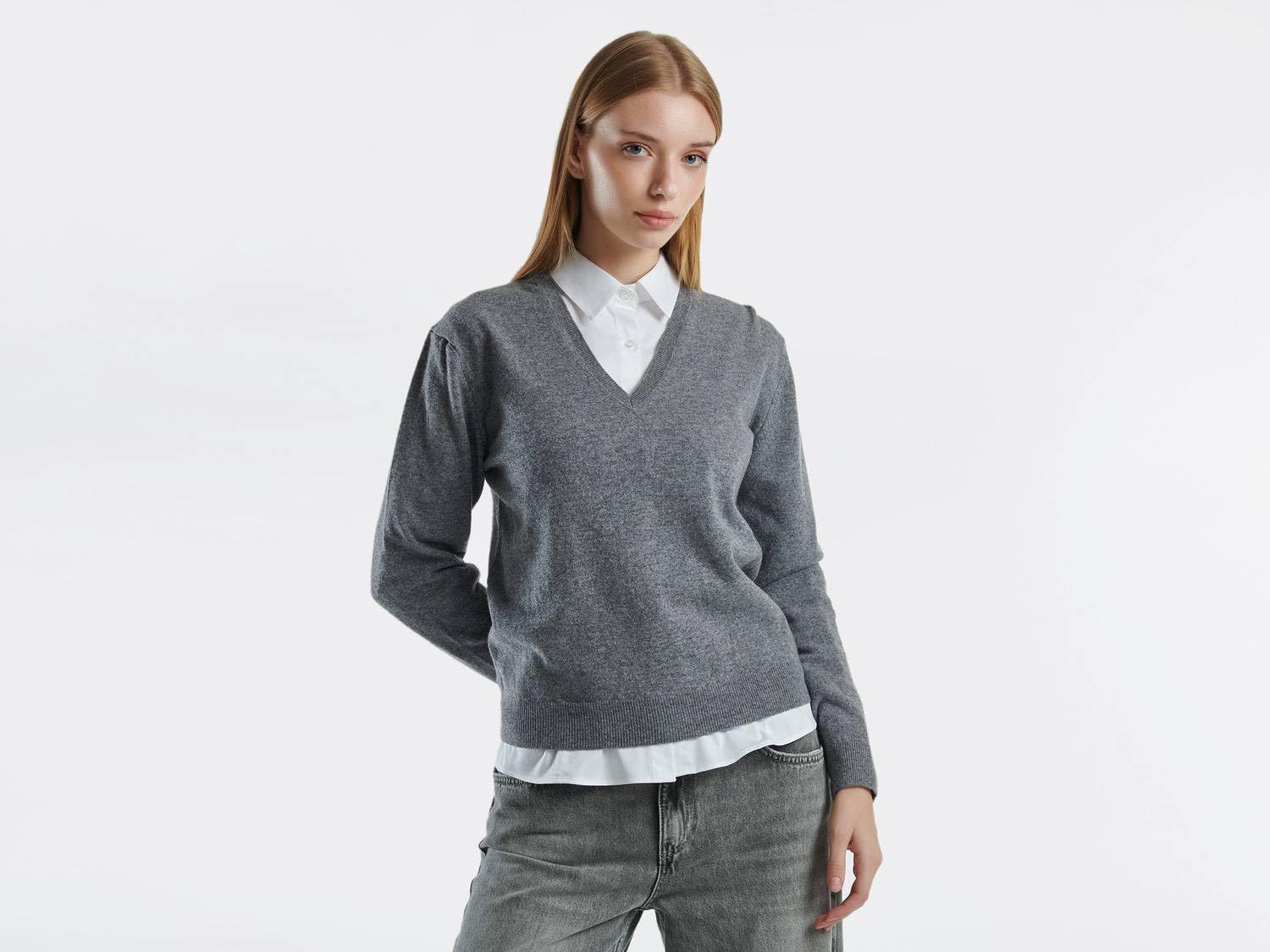 Benetton 1002d4488 Maglione Donna Scollo V Lana Grigio L