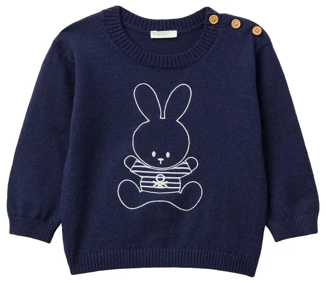 Benetton Maglione Bimbo Ricamo Coniglio Cotone Unisex