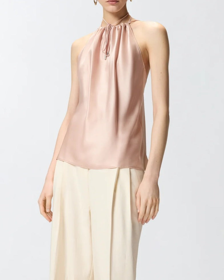 Pinko 106621 A1Y5 Top Satin Donna Rosa Beige Scollo Americana