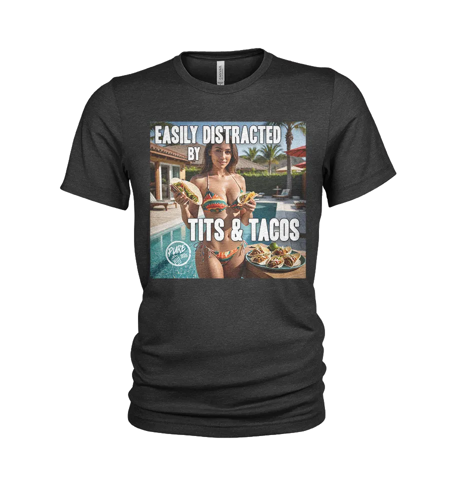 Pure Trash Easily Distracted Tits Tacos maglietta uomo nero cotone