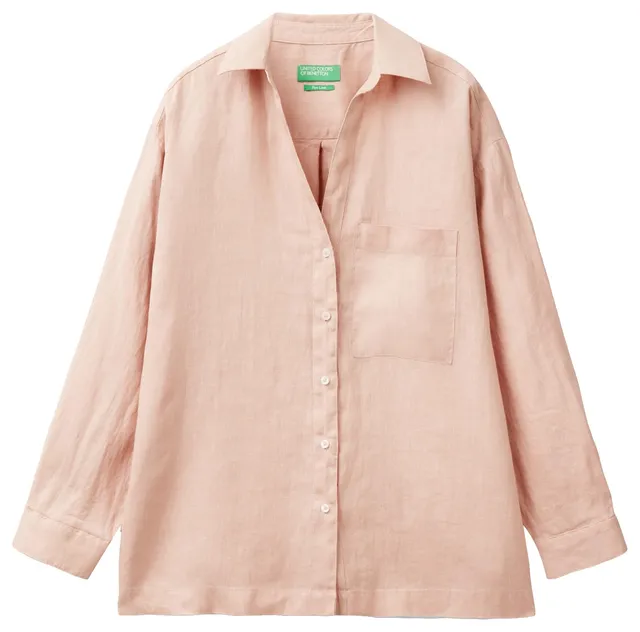 Benetton 5BMLDQ078 camicione donna lino cipria