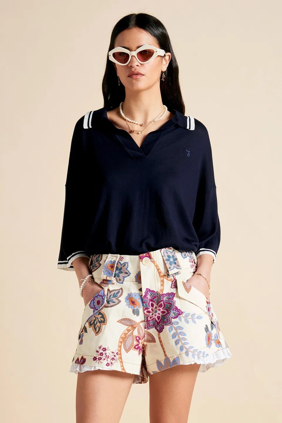 Karen Walker Harbour Shorts Cream Multi cotone organico