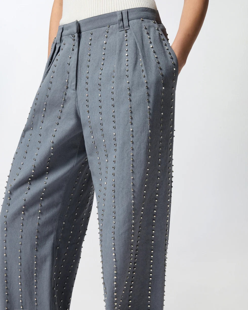 Pinko 106239 A324 Penny Pantalone Donna Grigio Righe Strass