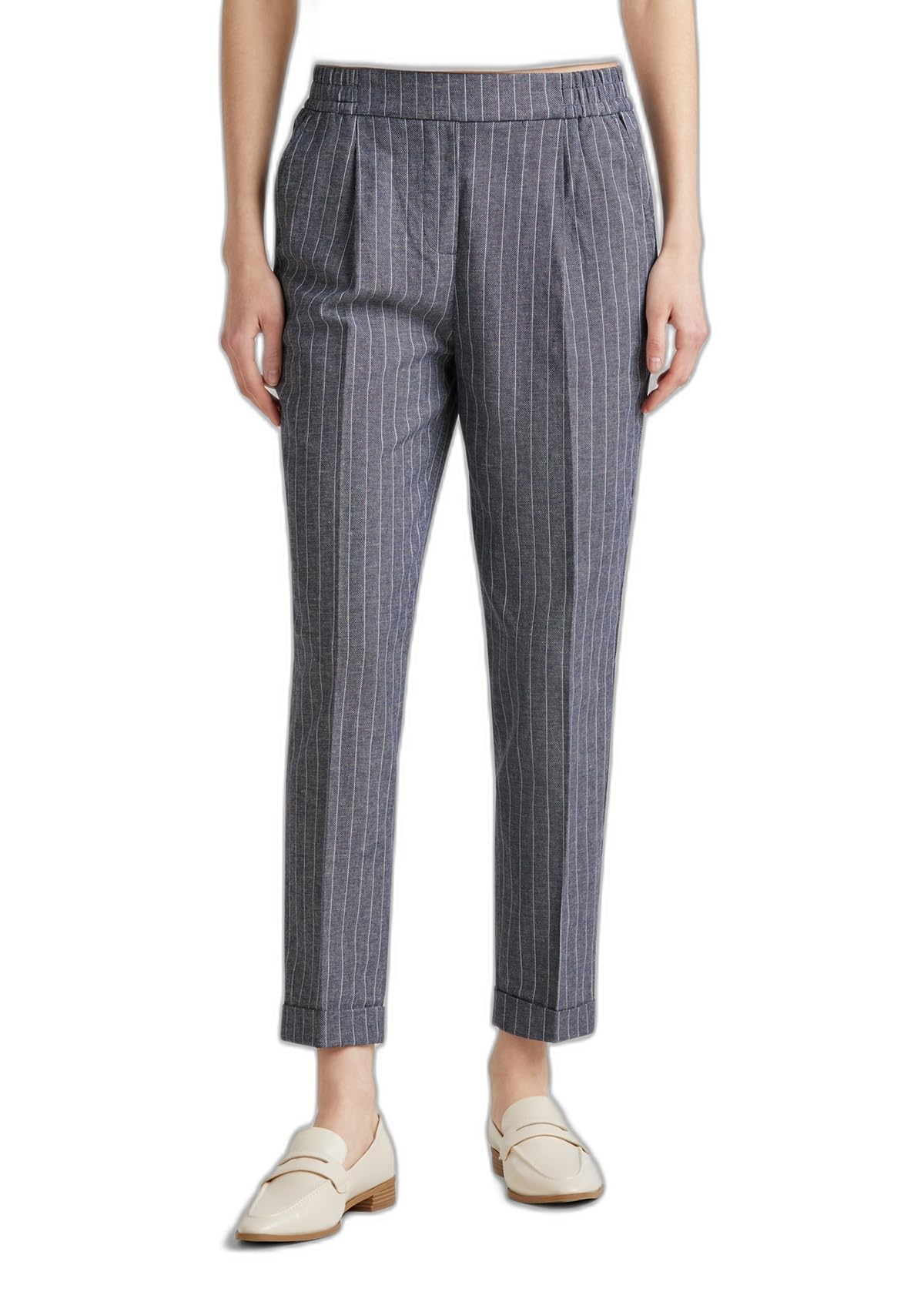 Benetton Pantaloni Donna cotone lino gessati Blu regular