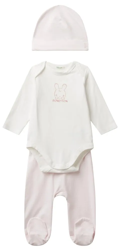 Benetton Set Body Pantalone Berretto Neonato Jersey Coniglietto