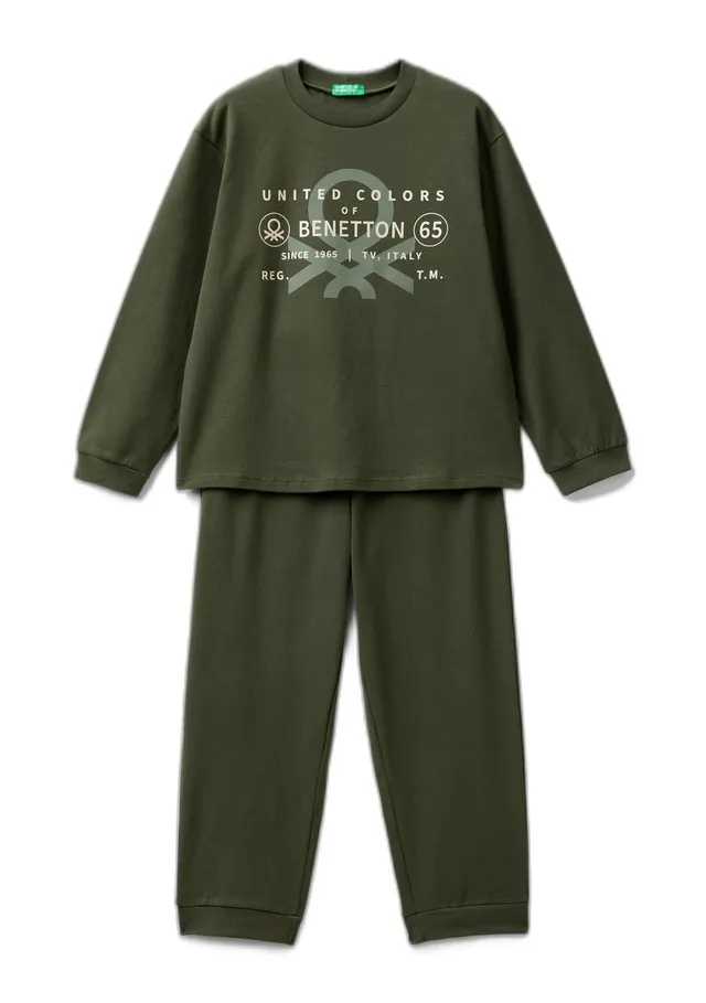 Benetton 3dke0p073 Pigiama Bambino Verde Stampa Logo