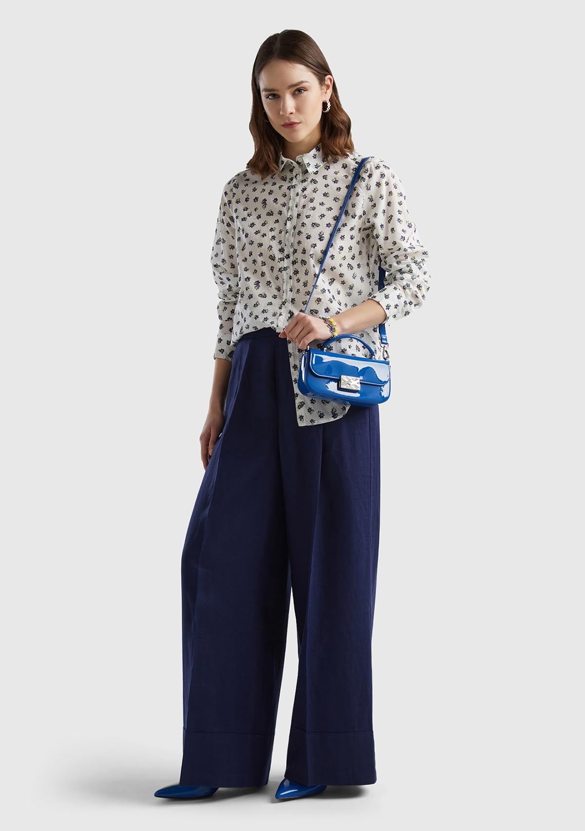 Benetton pantalone donna palazzo lino gamba ampia