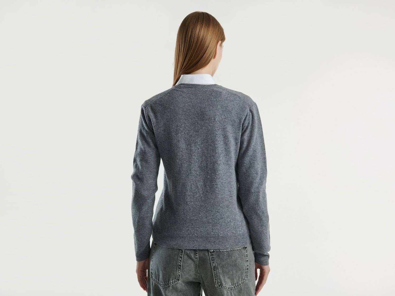 Benetton 1002d4488 Maglione Donna Scollo V Lana Grigio L