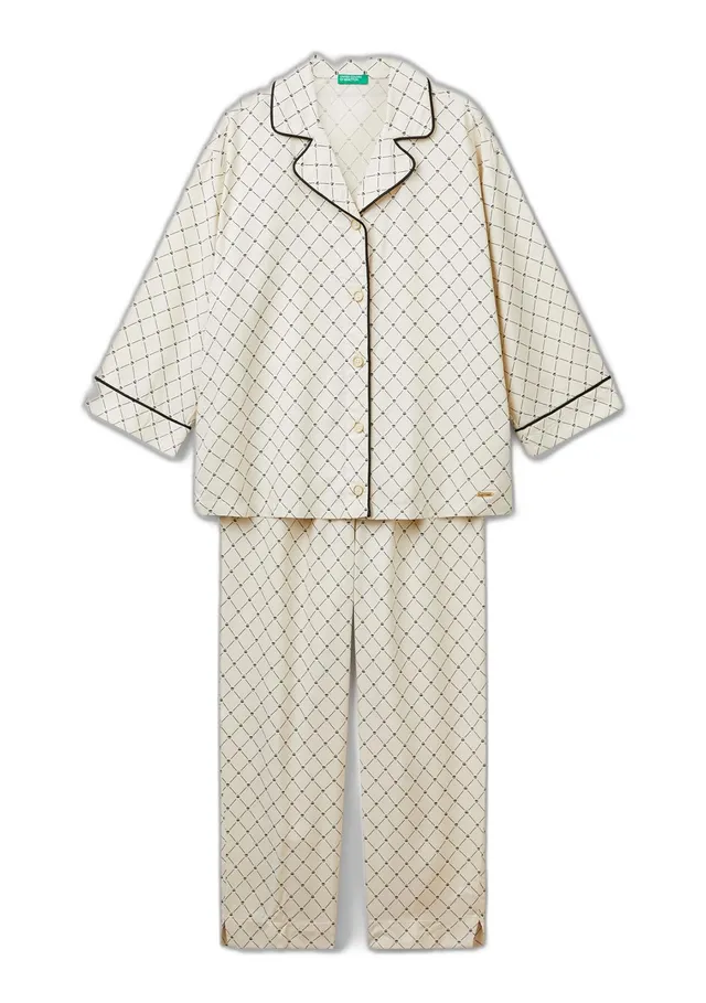 Benetton Pigiama Donna Camicia Pantaloni Capri Monogram