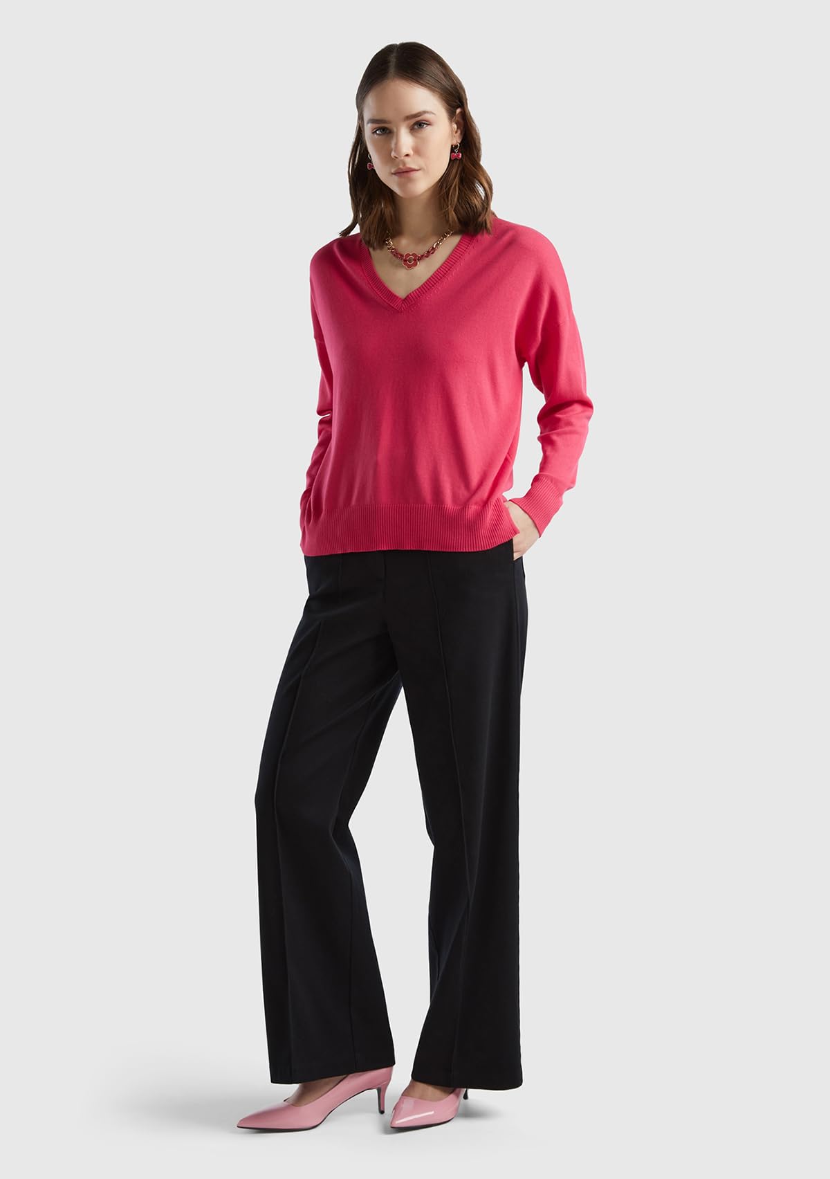Benetton 4TDCDF05Z Pantaloni Donna Nero 100 Taglia 36 Gamba Ampia