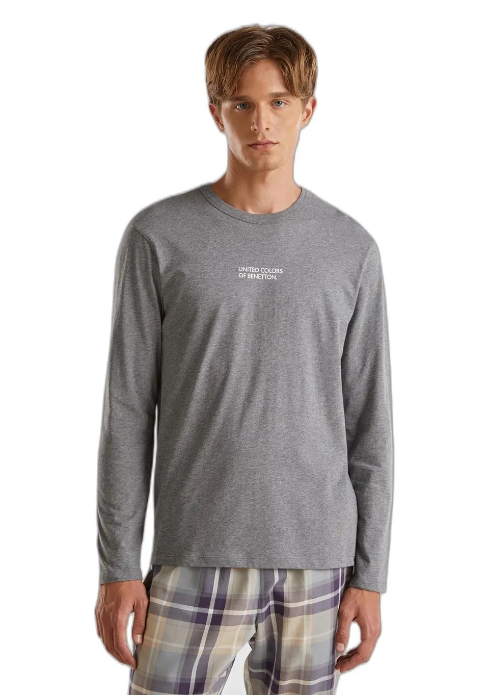 Benetton Top Pigiama Uomo Maglietta Grigio Jersey Stampa