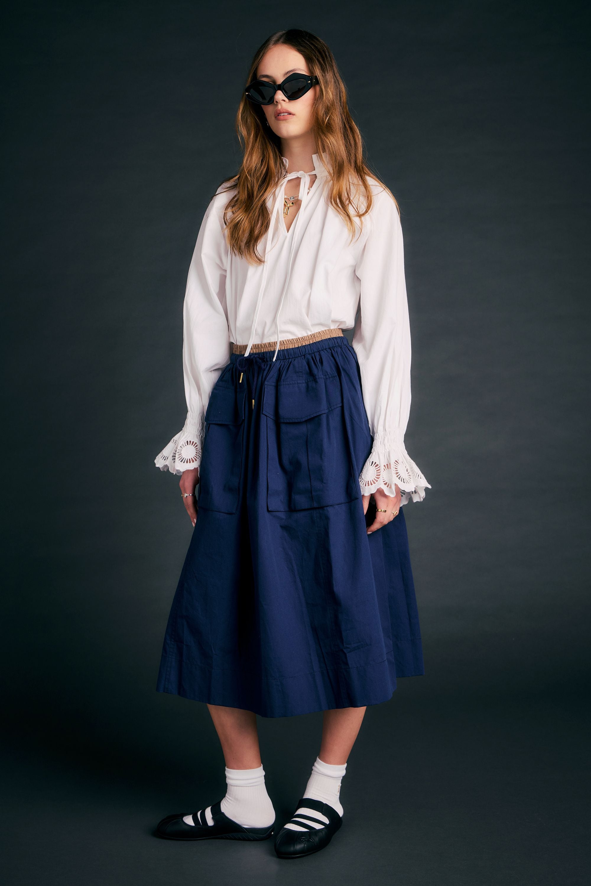 Karen Walker League Skirt gonna midi cotone navy US4/UK8