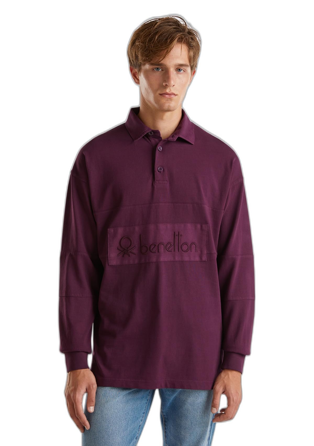 Benetton Polo Uomo Rugby Manica Lunga Cotone Tinto Capo