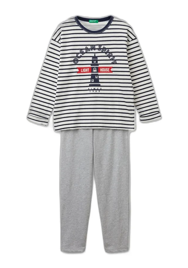 Benetton Pigiama Maglia+Pantalone a Righe Stampa Davanti