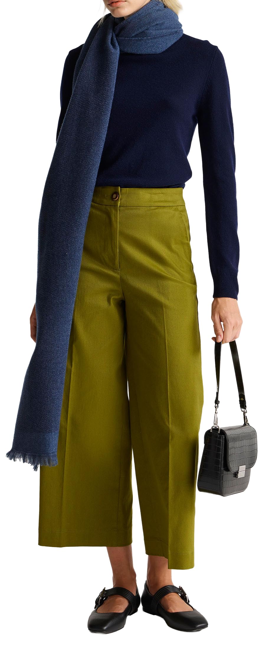 Benetton pantaloni donna twill cotone vita alta svasata