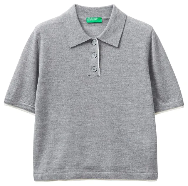 Benetton 11ahd301j Maglia Polo Grigia Lana Extrafine