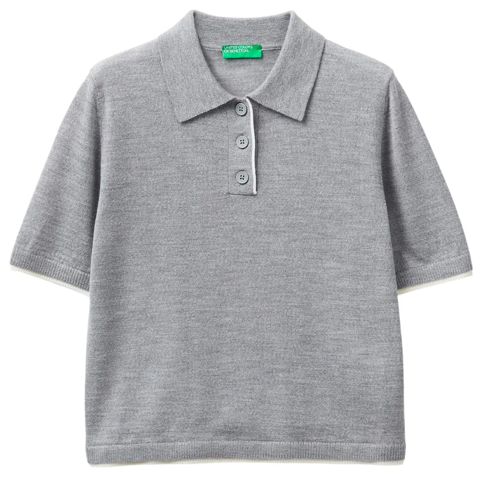 Benetton 11ahd301j Maglia Polo Grigia Lana Extrafine