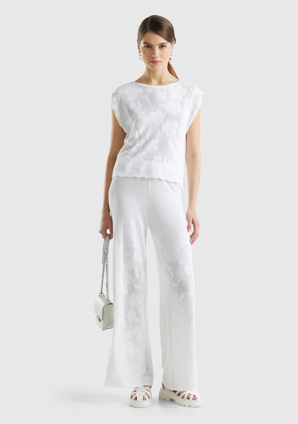 Benetton Canottiera Donna Bianca Maglia Pizzo XS