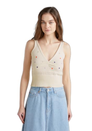 Benetton canotta donna M regular cotone fiori ricamati
