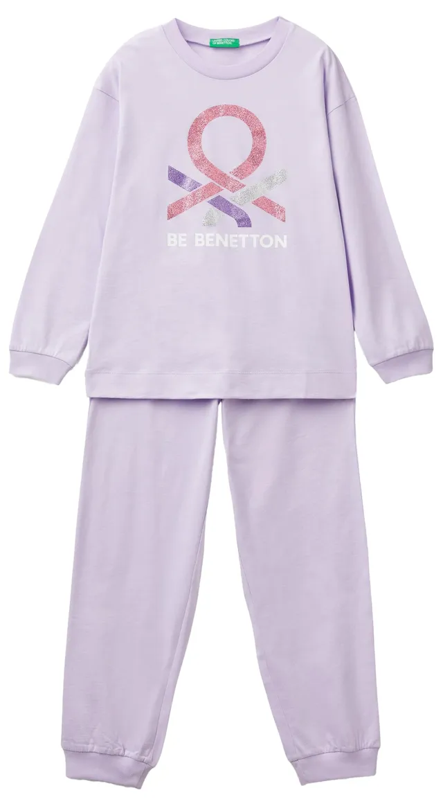 Benetton pigiama donna lungo maglia pantalone stampa logo