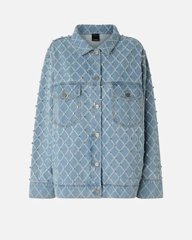 Pinko 106246A32N Giacca Denim Blu Rombi Strass Over