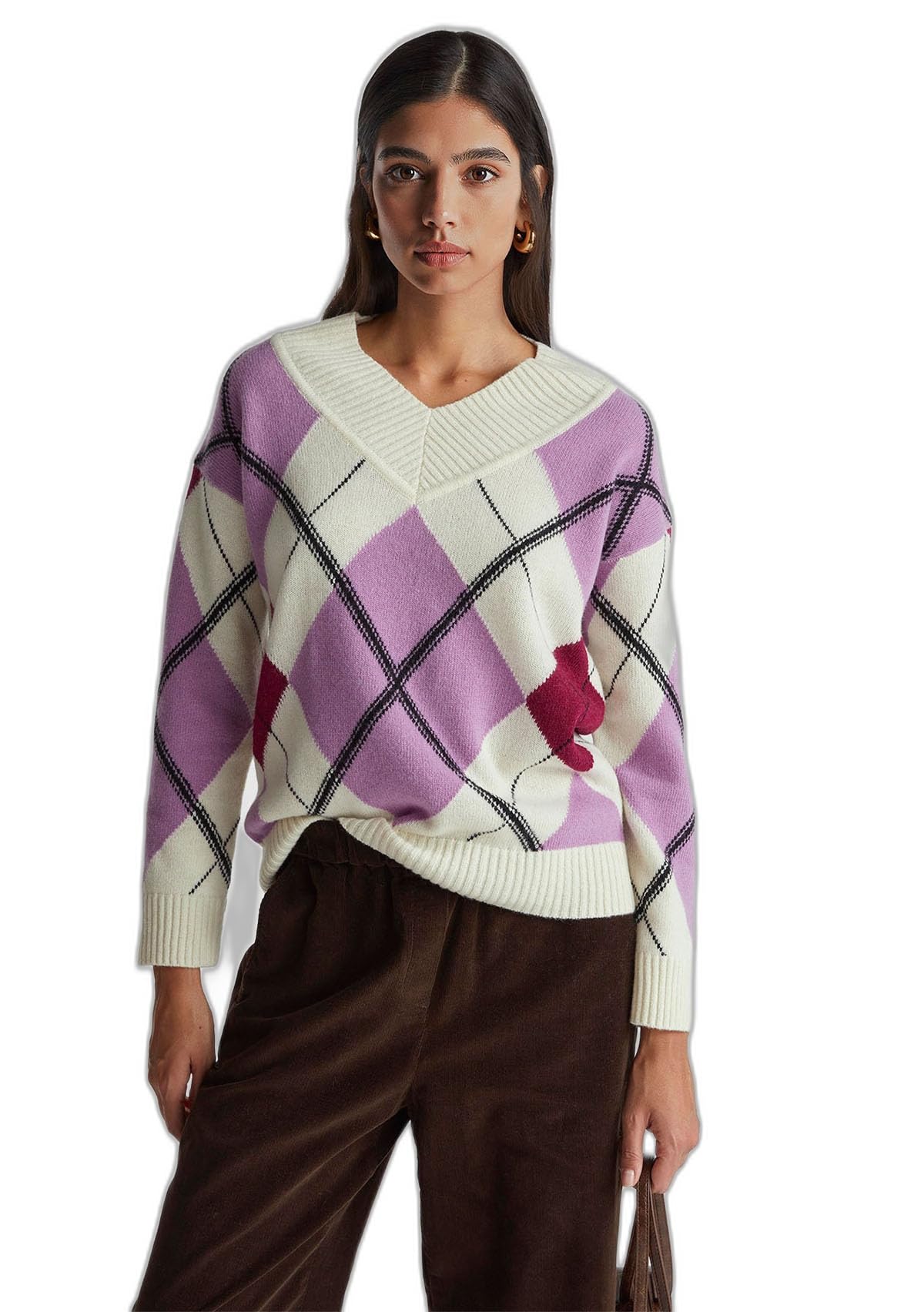 Benetton 1444e204e Maglia Donna Grigia Scollo V Rombi