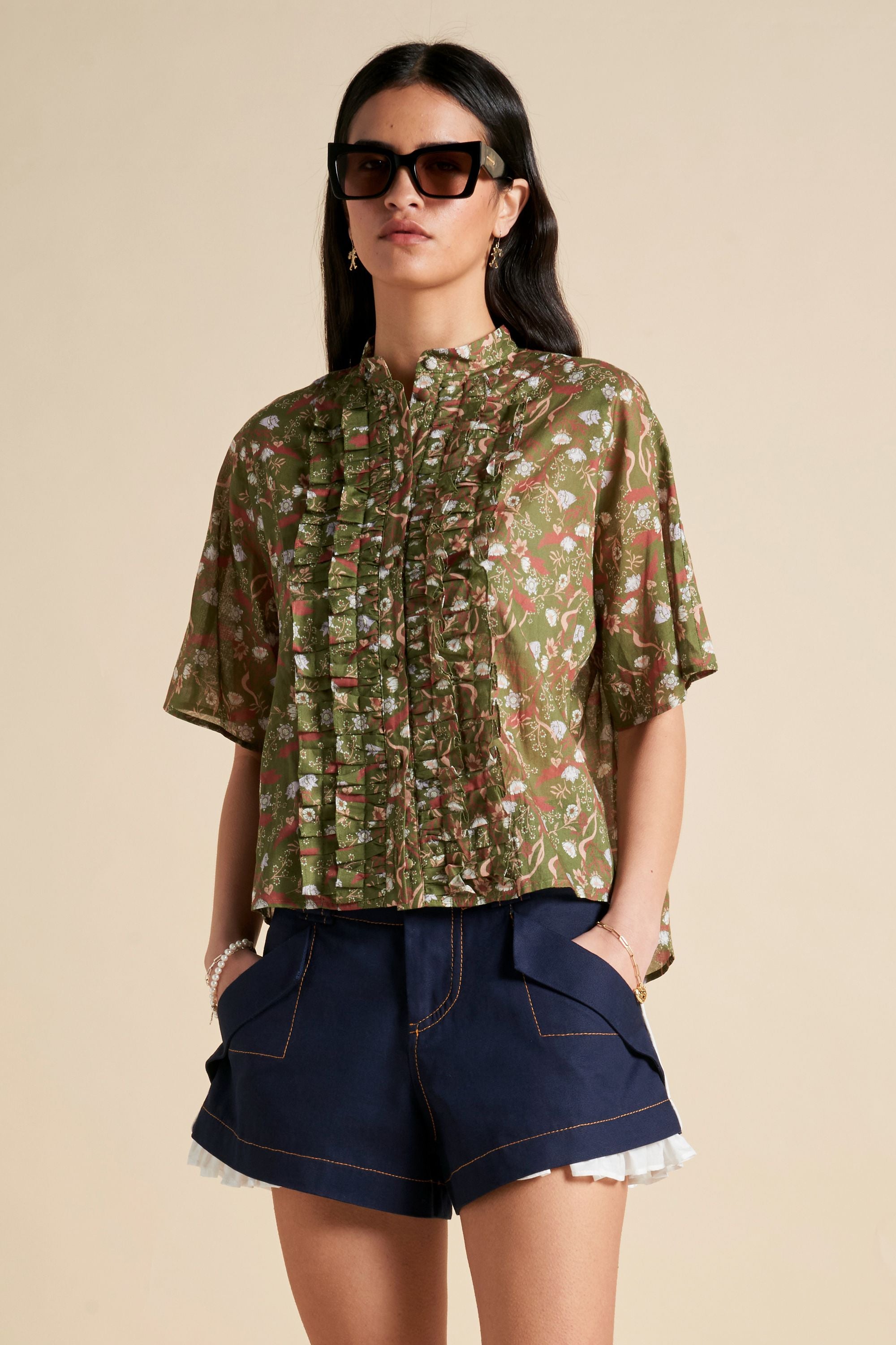Karen Walker Colette Shirt camicia Olive Multi voile floreale