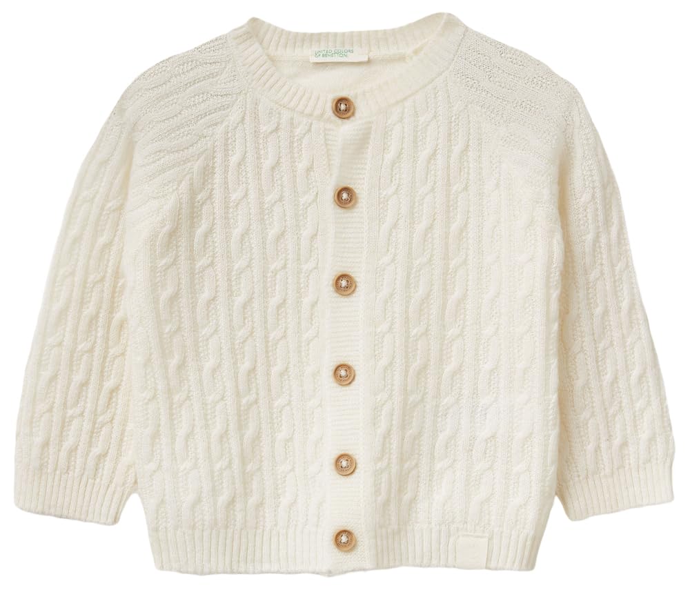 Benetton Cardigan Bimbi Misto Lana Trecce Bianco Taglia 68