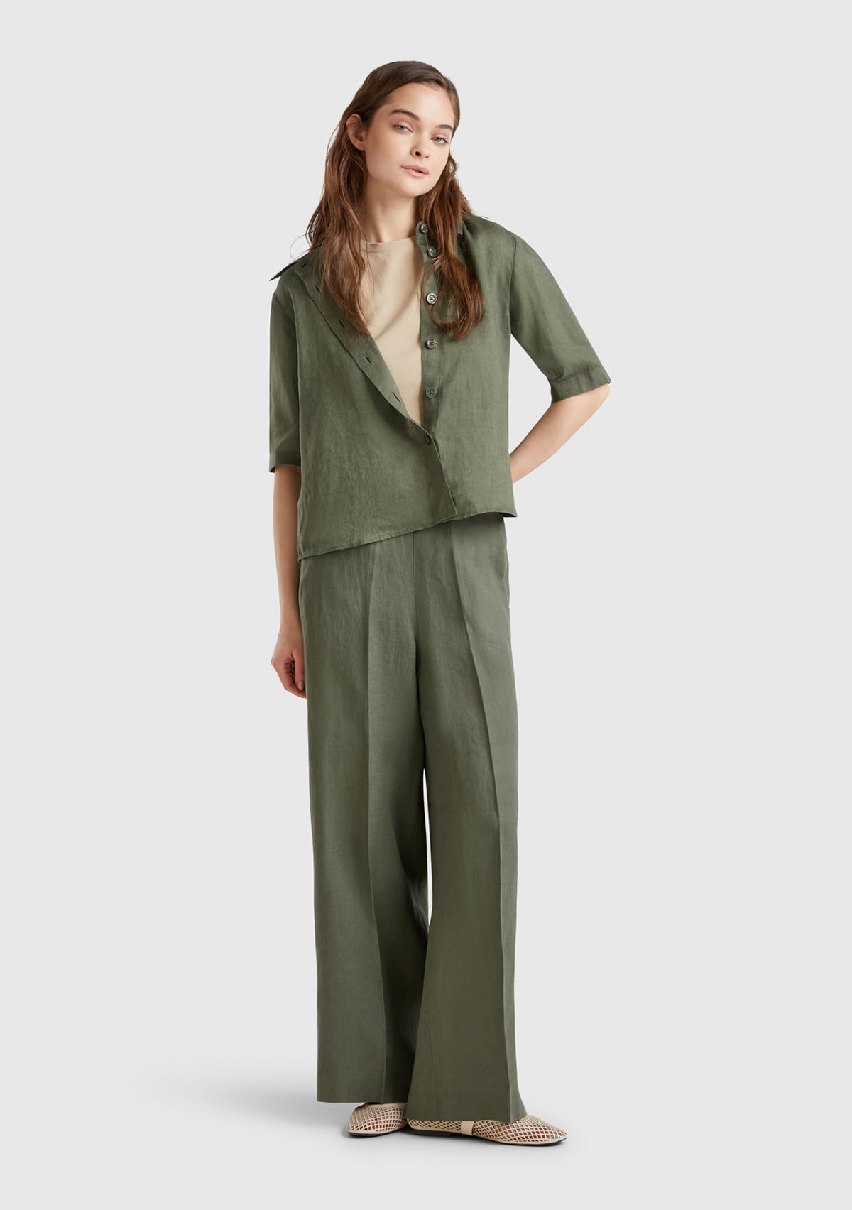 Benetton Pantaloni pantalone donna palazzo in lino con tasche