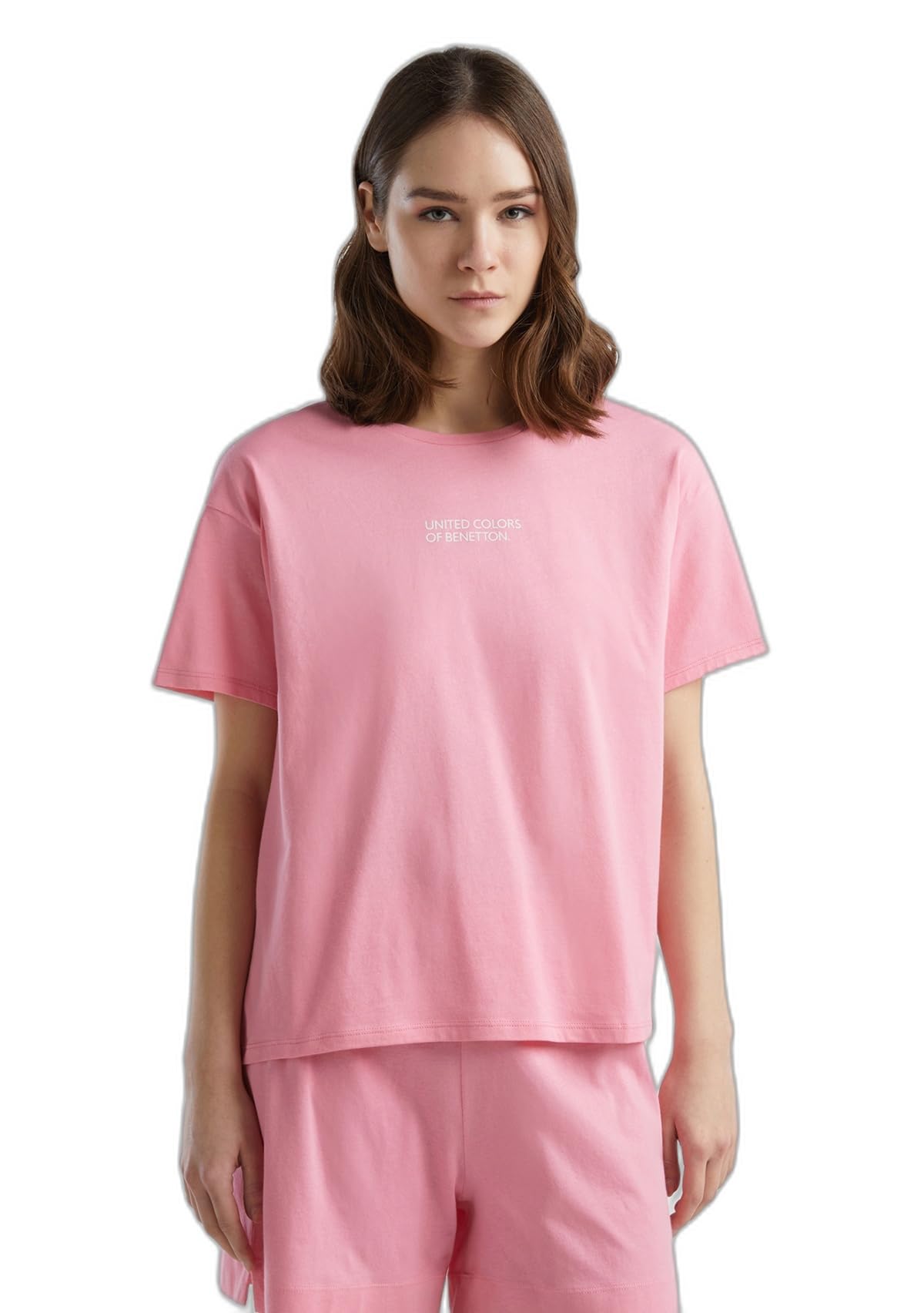 Benetton 30963m04r maglietta pigiama donna rosa logo