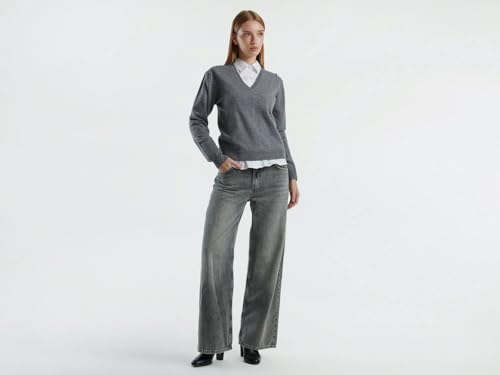 Benetton 1002d4488 Maglione Donna Scollo V Lana Grigio L