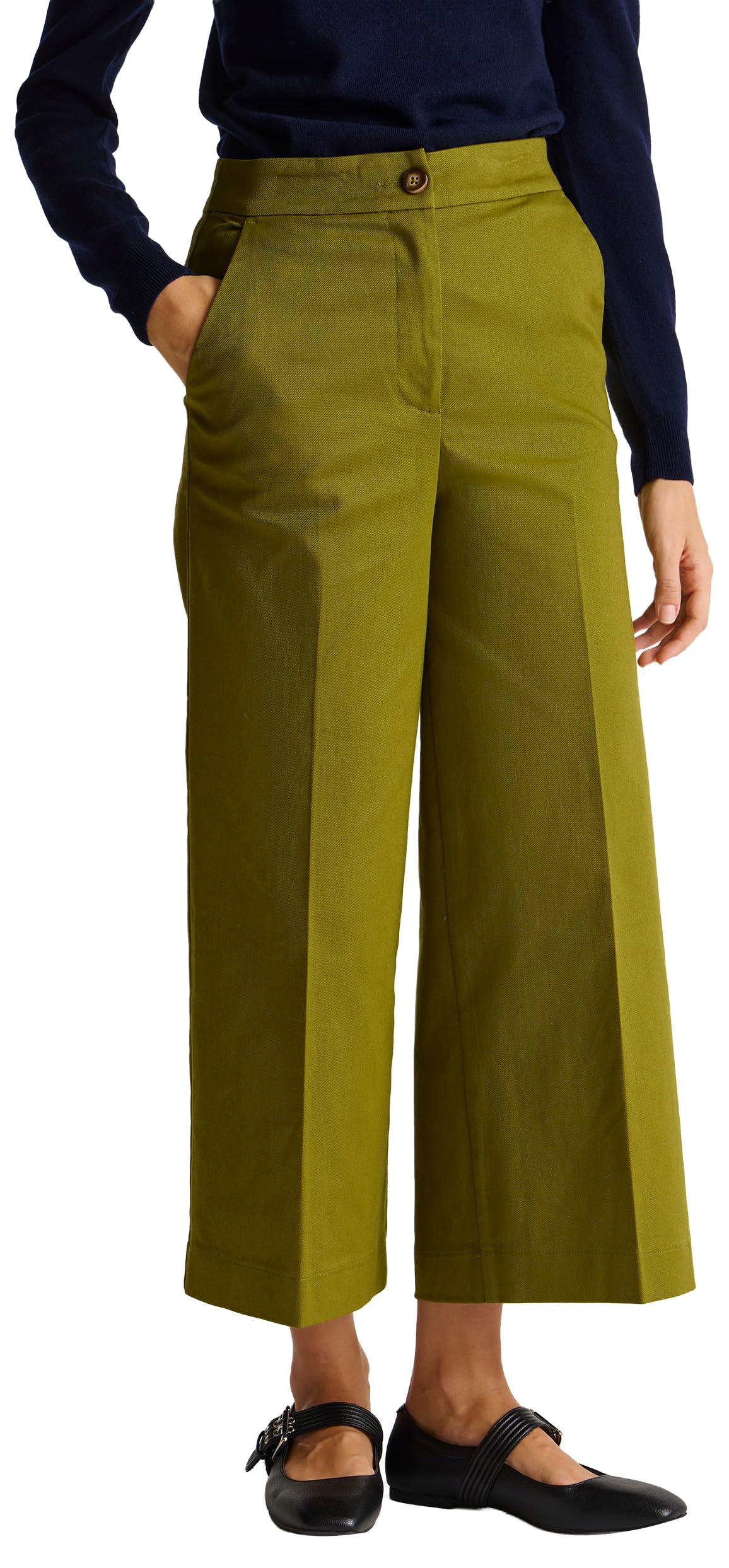 Benetton pantaloni donna twill cotone vita alta svasata