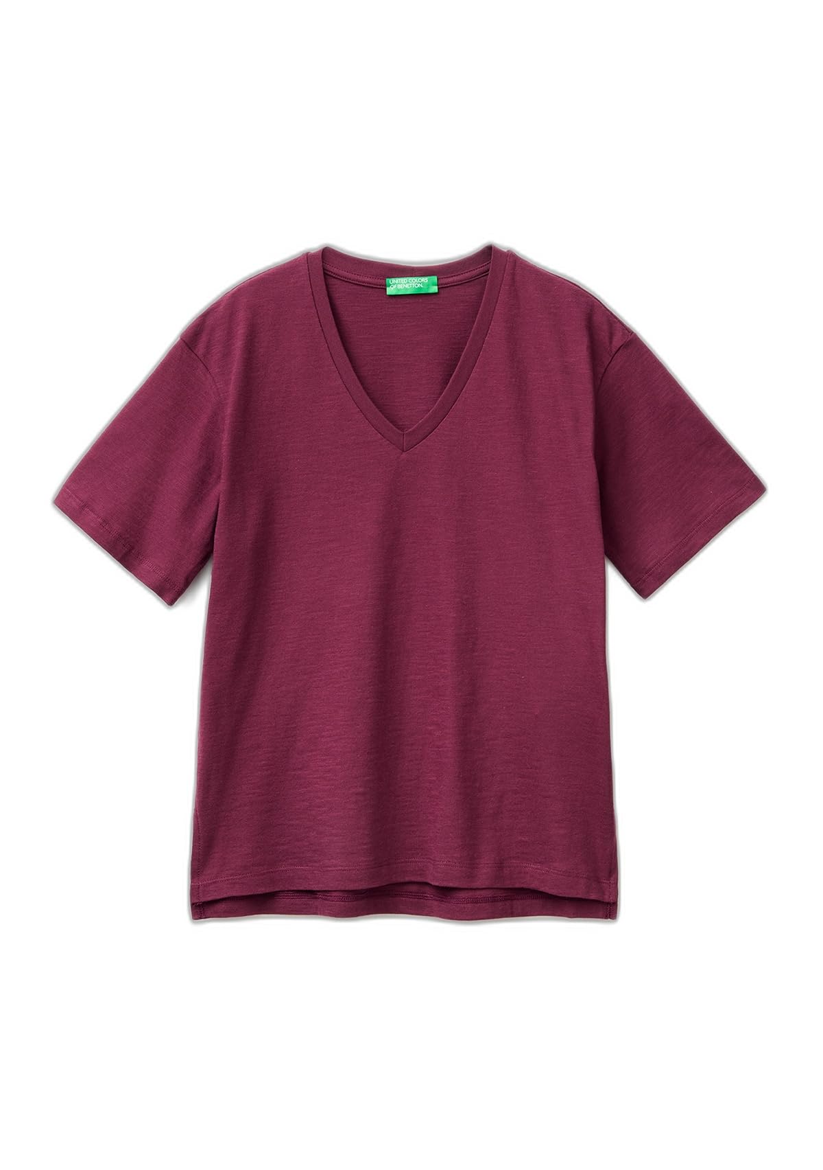 Benetton T-Shirt Donna Nero Jersey Fiammato Scollo a V