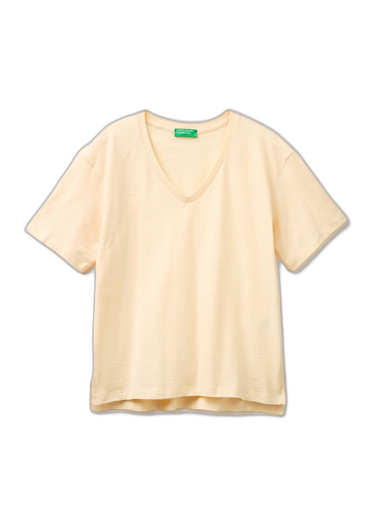 Benetton T-Shirt Donna Nero Jersey Fiammato Scollo a V