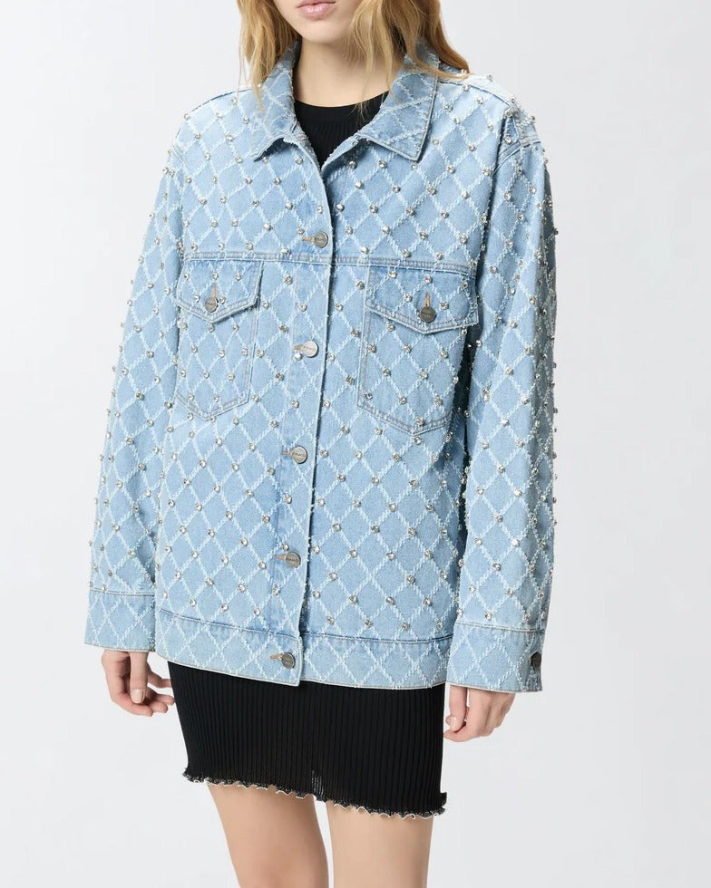Pinko 106246A32N Giacca Denim Blu Rombi Strass Over