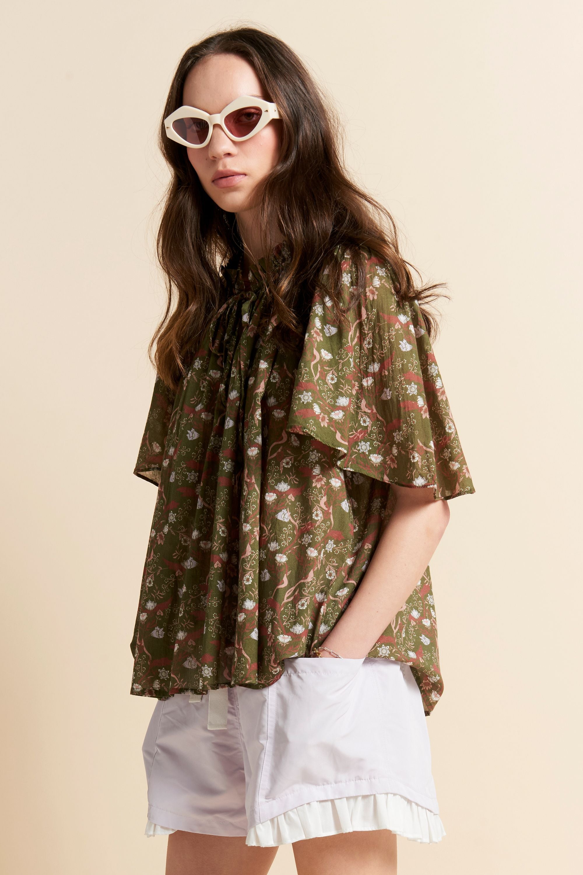 Karen Walker Agnes camicia olive multi cotone voile