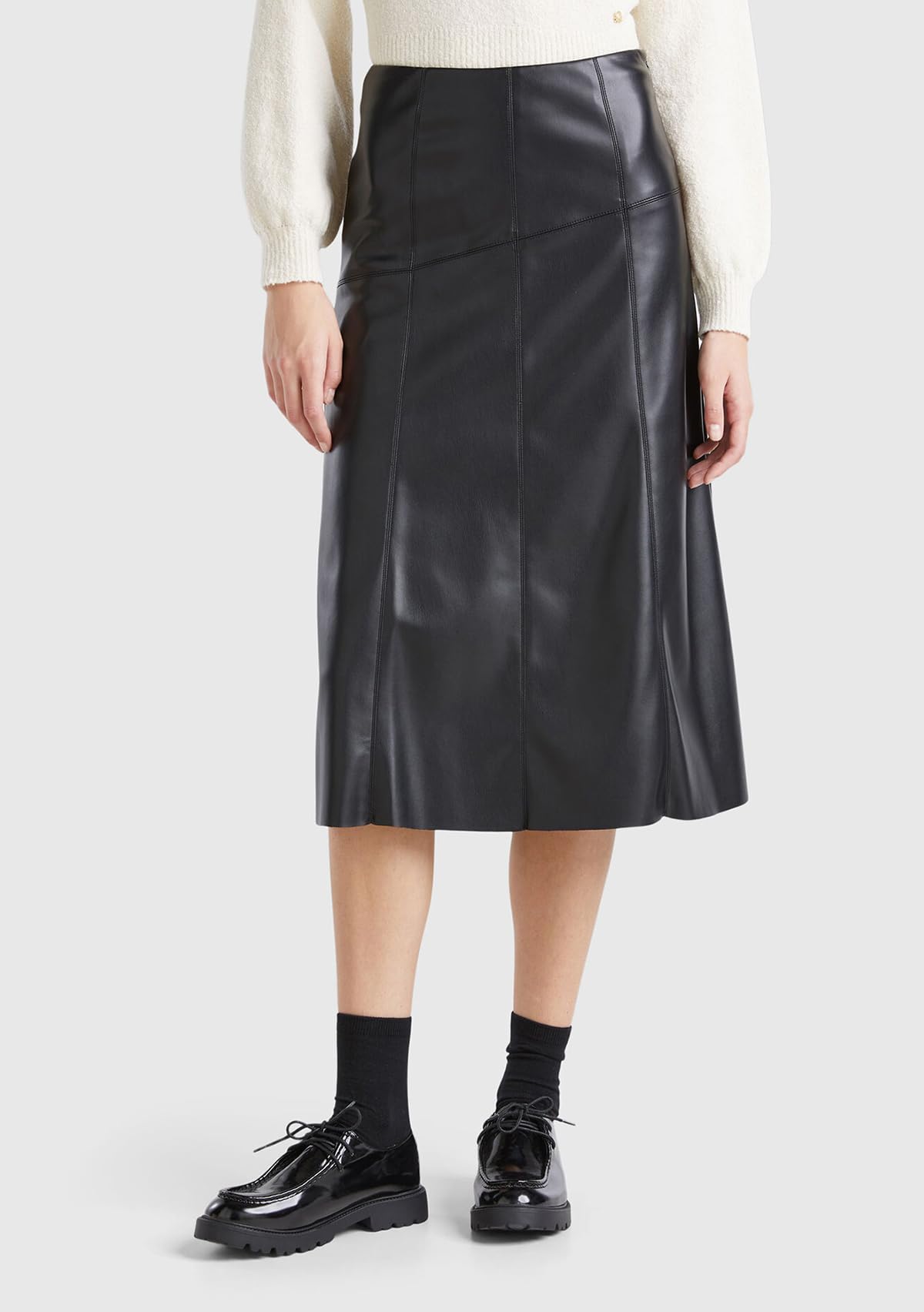 Benetton Gonna Midi Donna 36 Ecopelle Svasata Nera