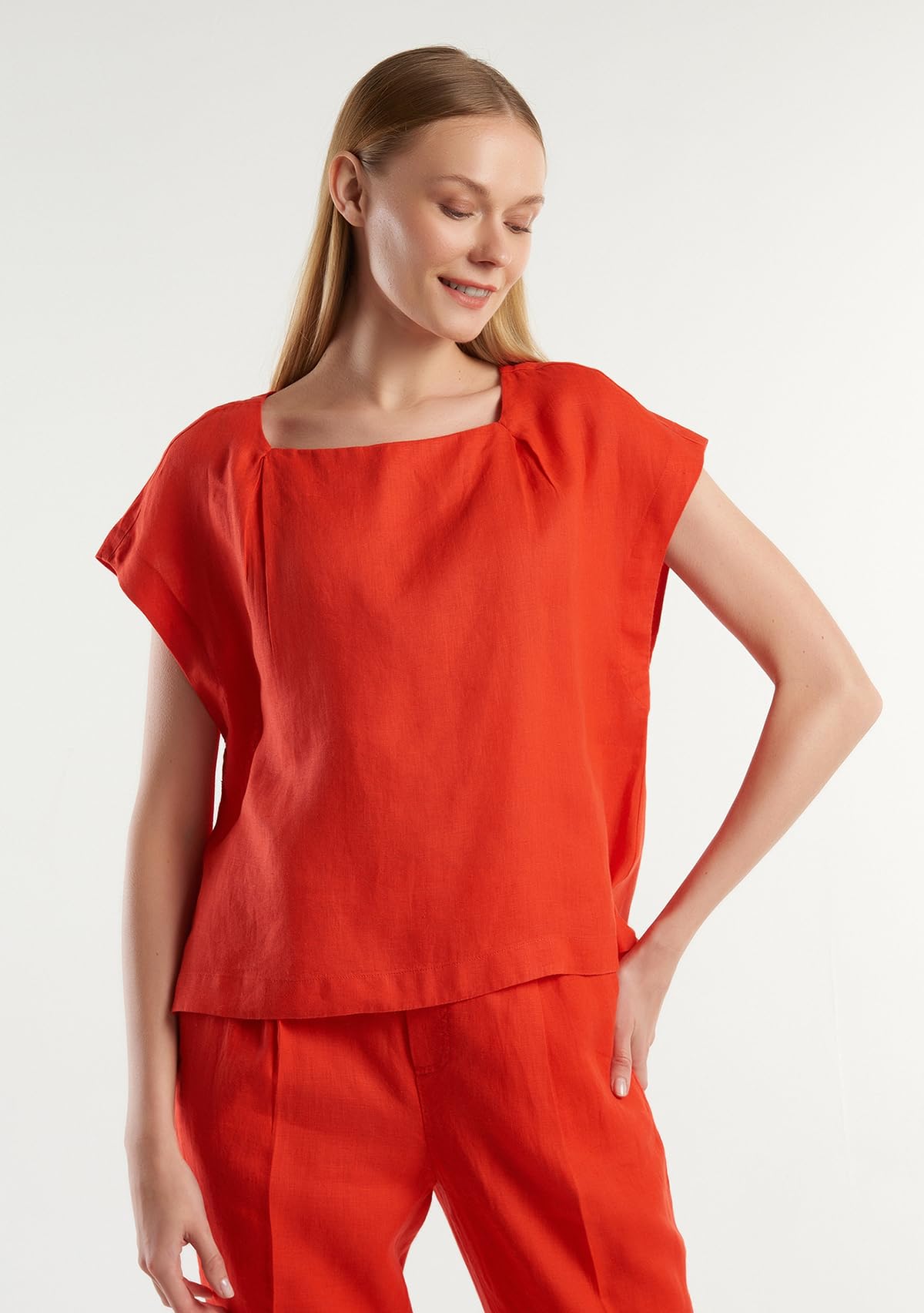 Benetton Blusa 5bmldq079 Donna Rossa in Lino