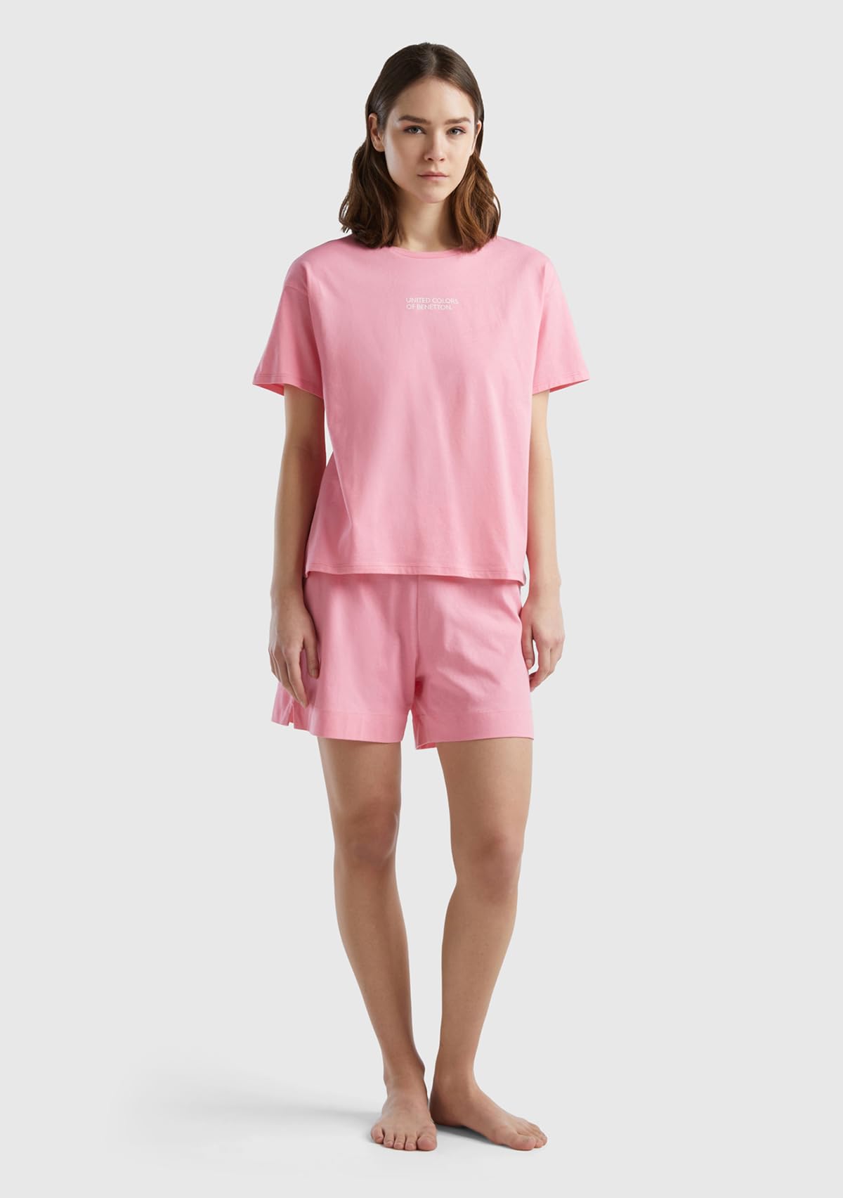 Benetton 30963m04r maglietta pigiama donna rosa logo