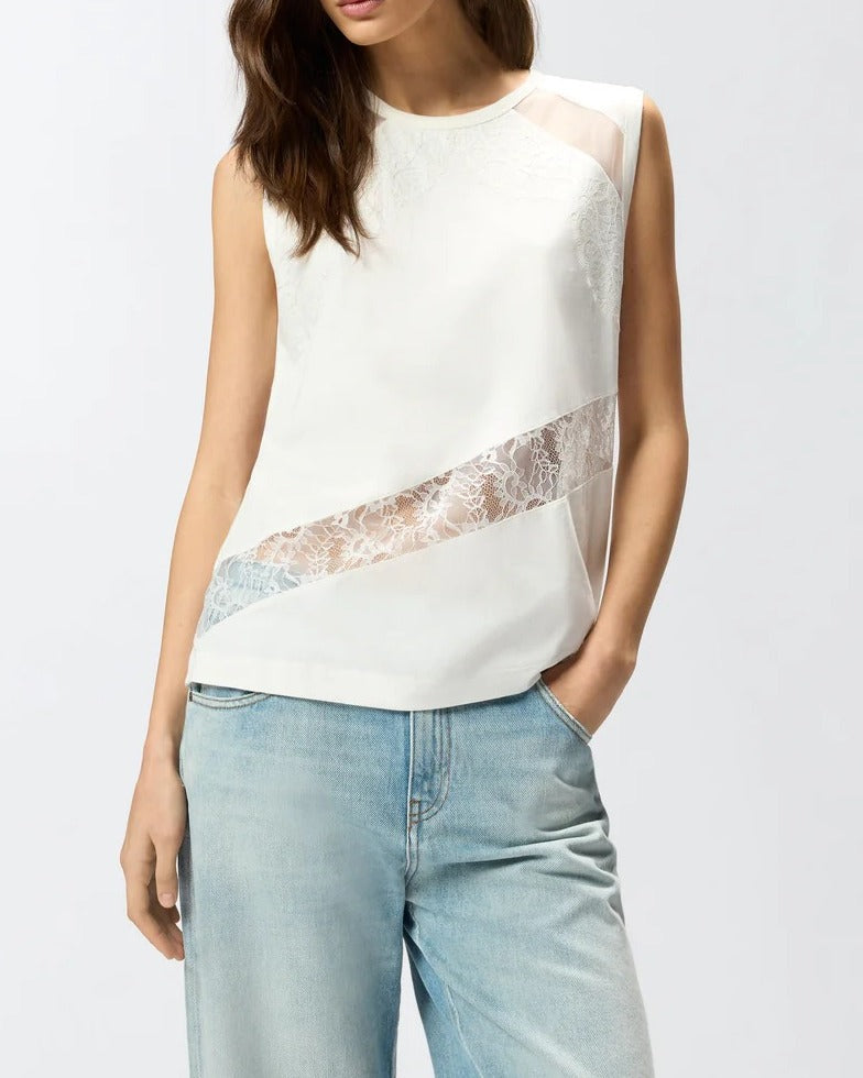 Pinko 106291 A335 Top Cotone Bianco Pizzo Floreale