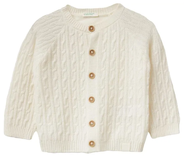 Benetton Cardigan Bimbi Misto Lana Trecce Bianco Taglia 68