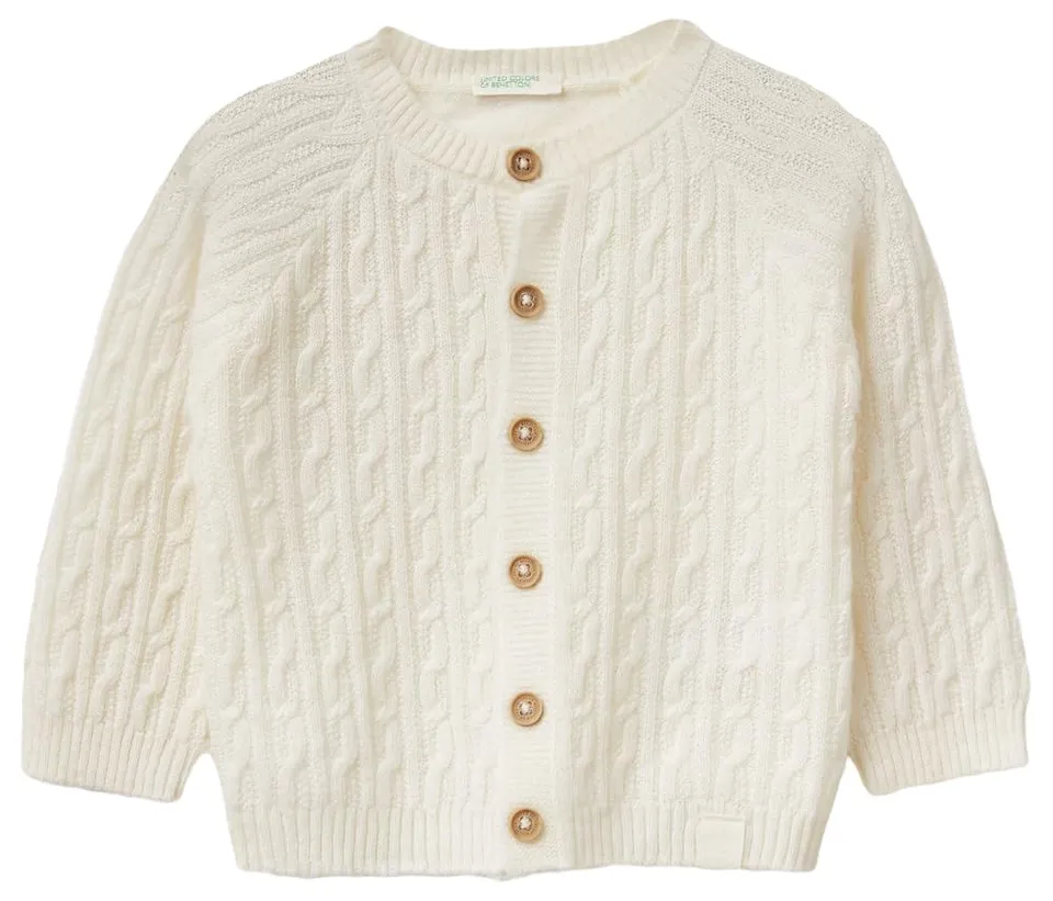 Benetton Cardigan Bimbi Misto Lana Trecce Bianco Taglia 68
