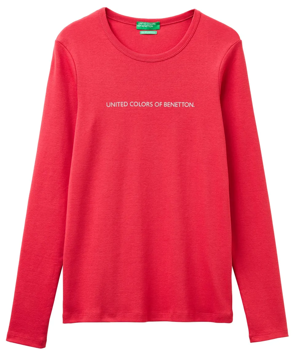 Benetton T-Shirt 3ga8e16g0 Donna Rossa Manica Lunga Glitter