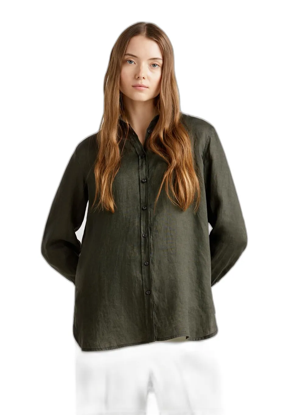 Benetton 5BMLDQ02U camicia donna in lino bianco