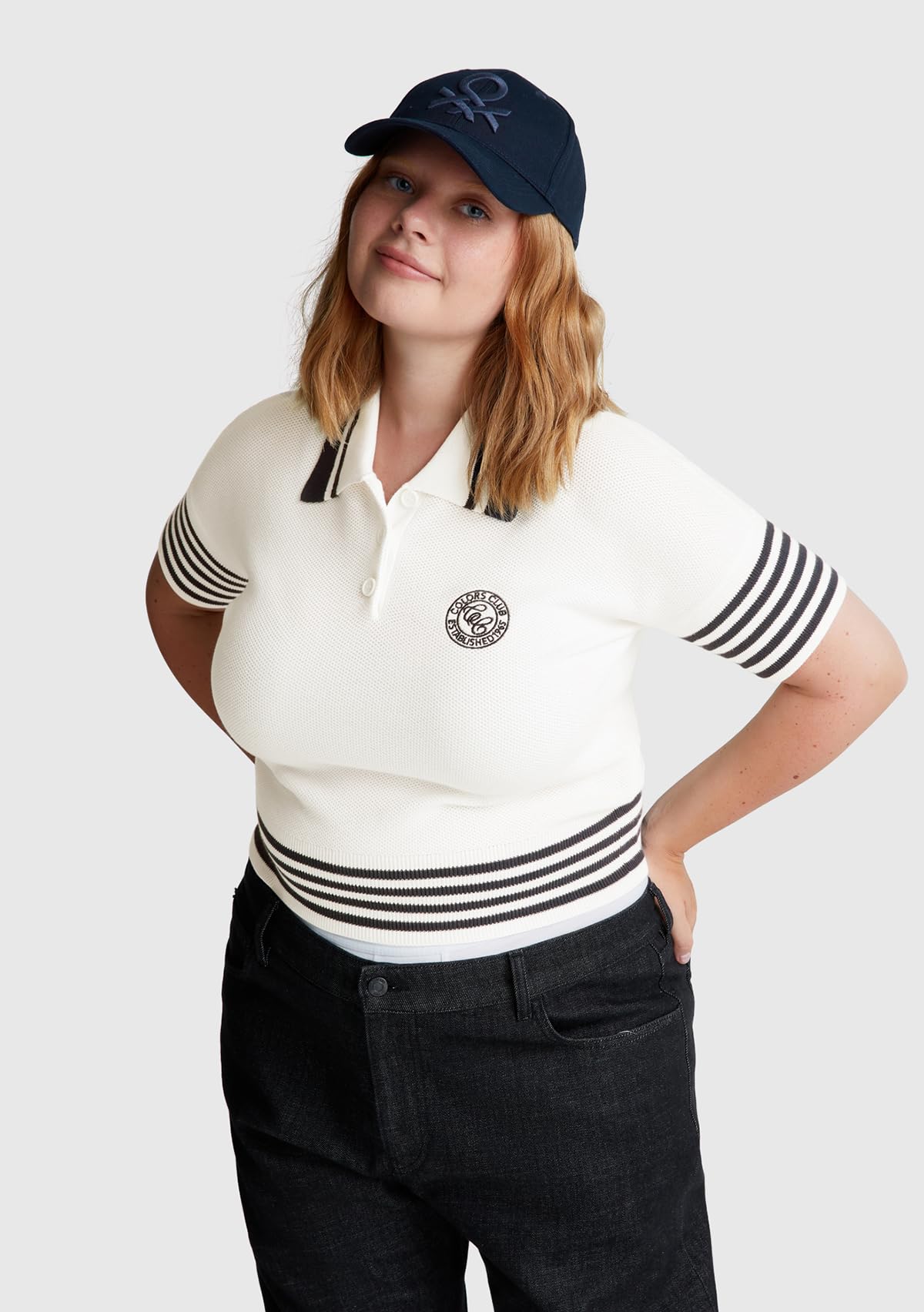 Benetton Polo maglia manica corta piquet righe ricamo