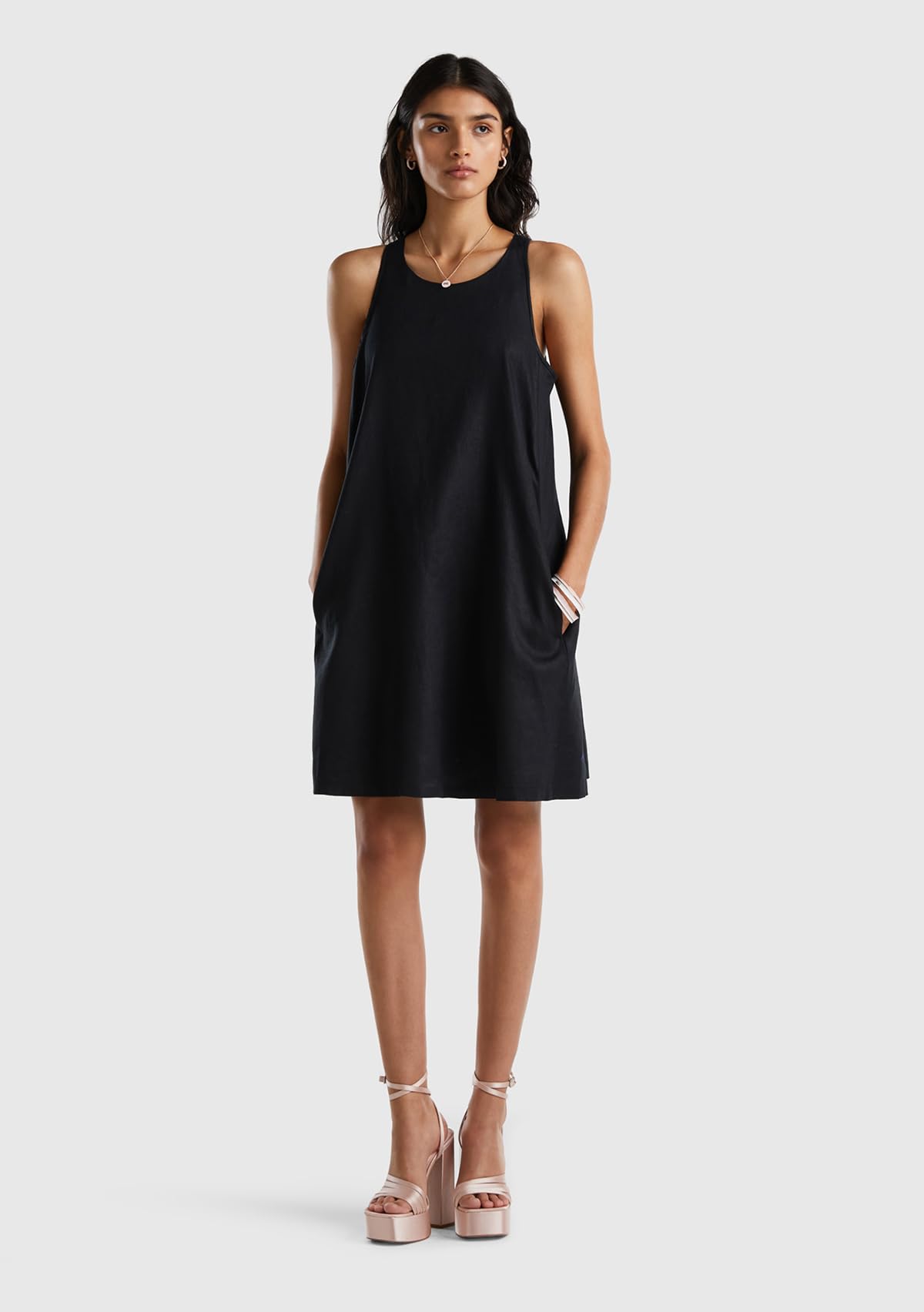 Benetton Vestito Donna Lino Svasato Tasche