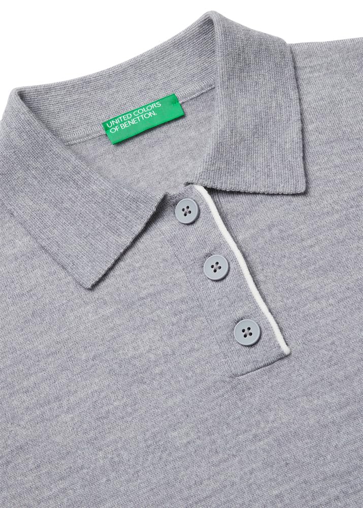 Benetton 11ahd301j Maglia Polo Grigia Lana Extrafine