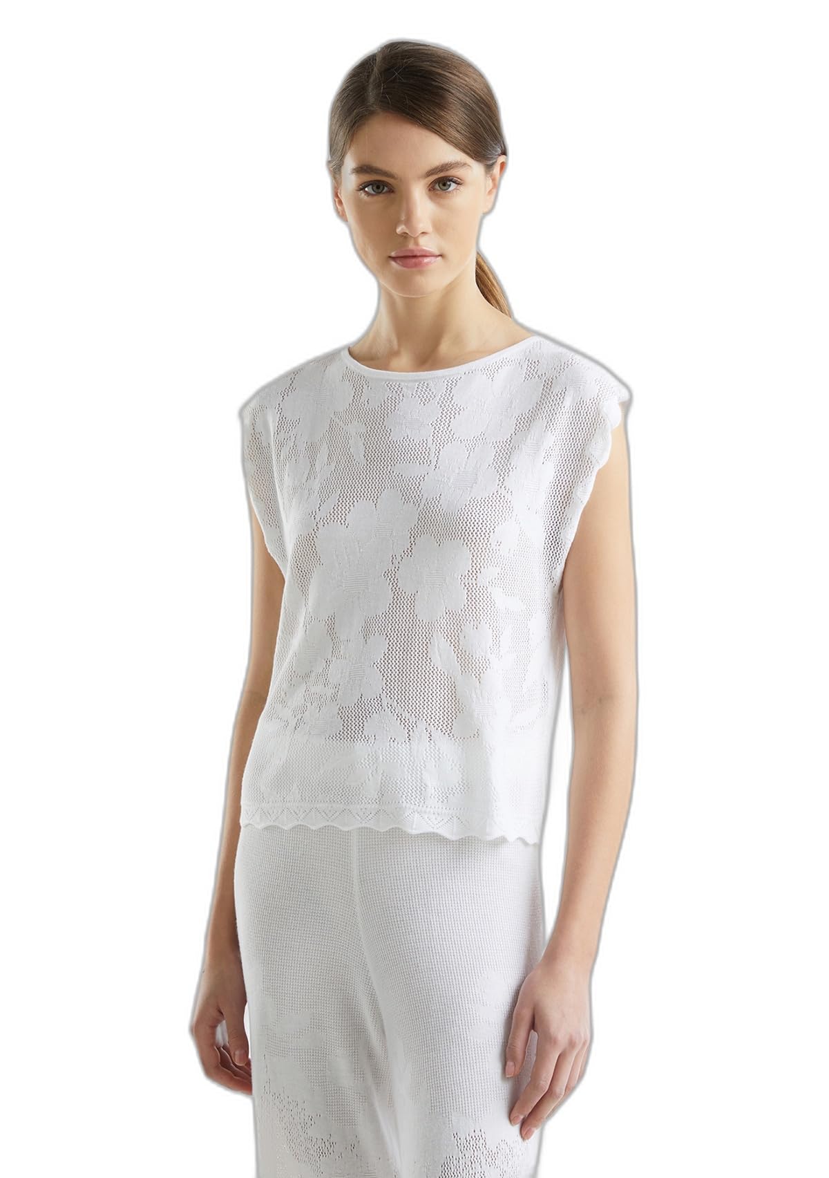 Benetton Canottiera Donna Bianca Maglia Pizzo XS